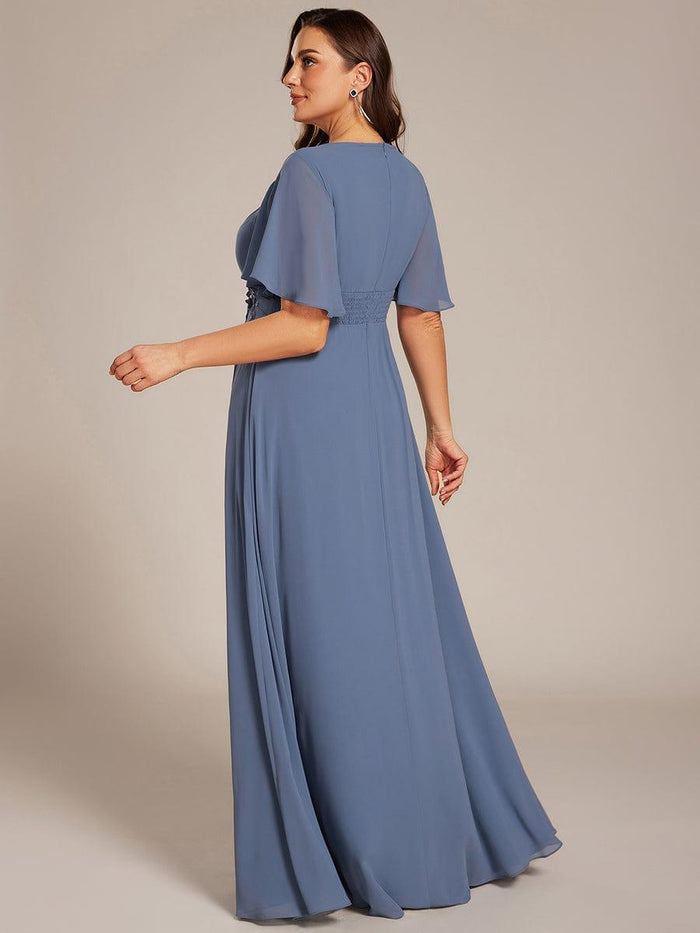 Elegant Short Sleeve Pleated A-Line Floor-Length Formal Evening Dress