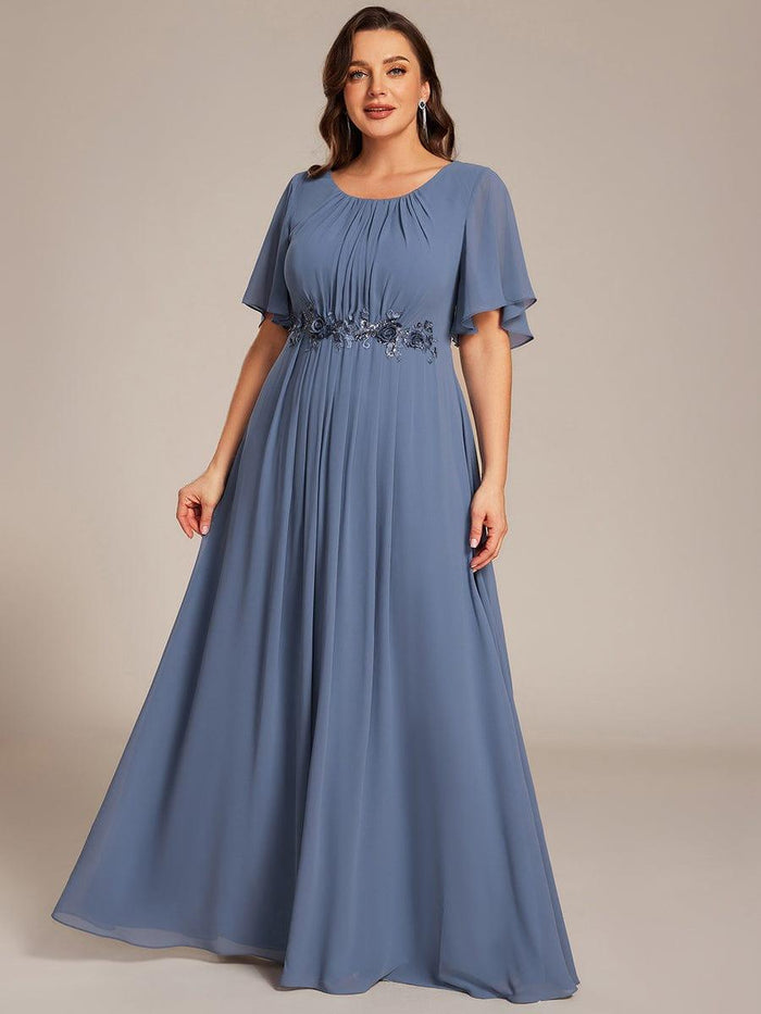 Elegant Short Sleeve Pleated A-Line Floor-Length Formal Evening Dress
