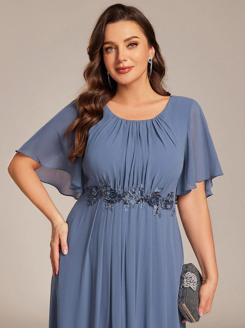A-Line Floor-Length Evening Dress with Short Sleeves and Applique