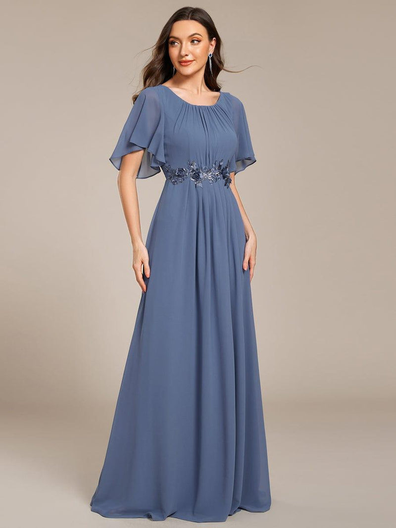 Elegant Short Sleeve Pleated A-Line Floor-Length Formal Evening Dress