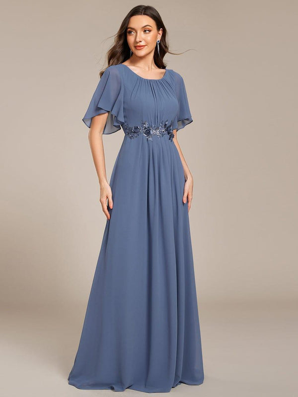 Elegant Short Sleeve Pleated A-Line Floor-Length Formal Evening Dress