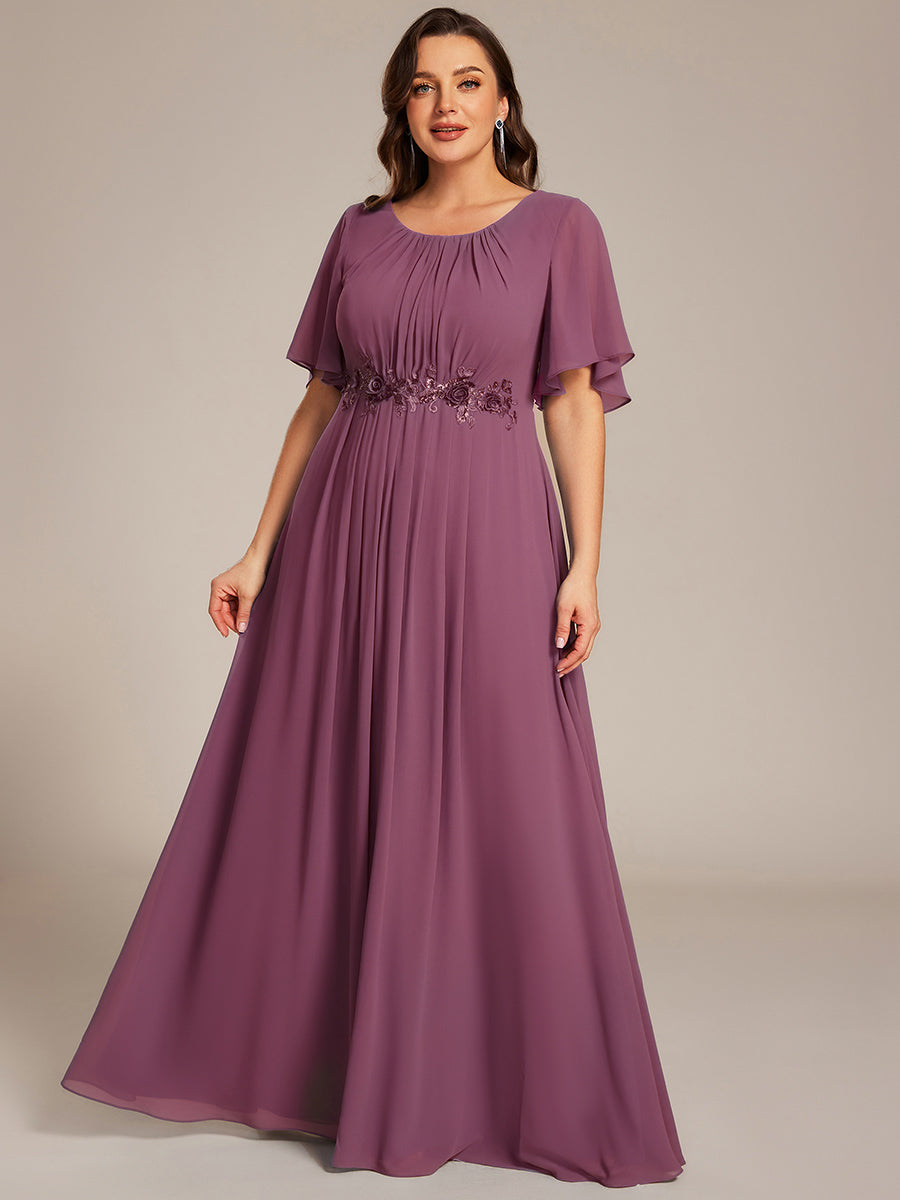 Plus Size Pleated Waist Applique Chiffon Maxi Formal Dress #color_Damson