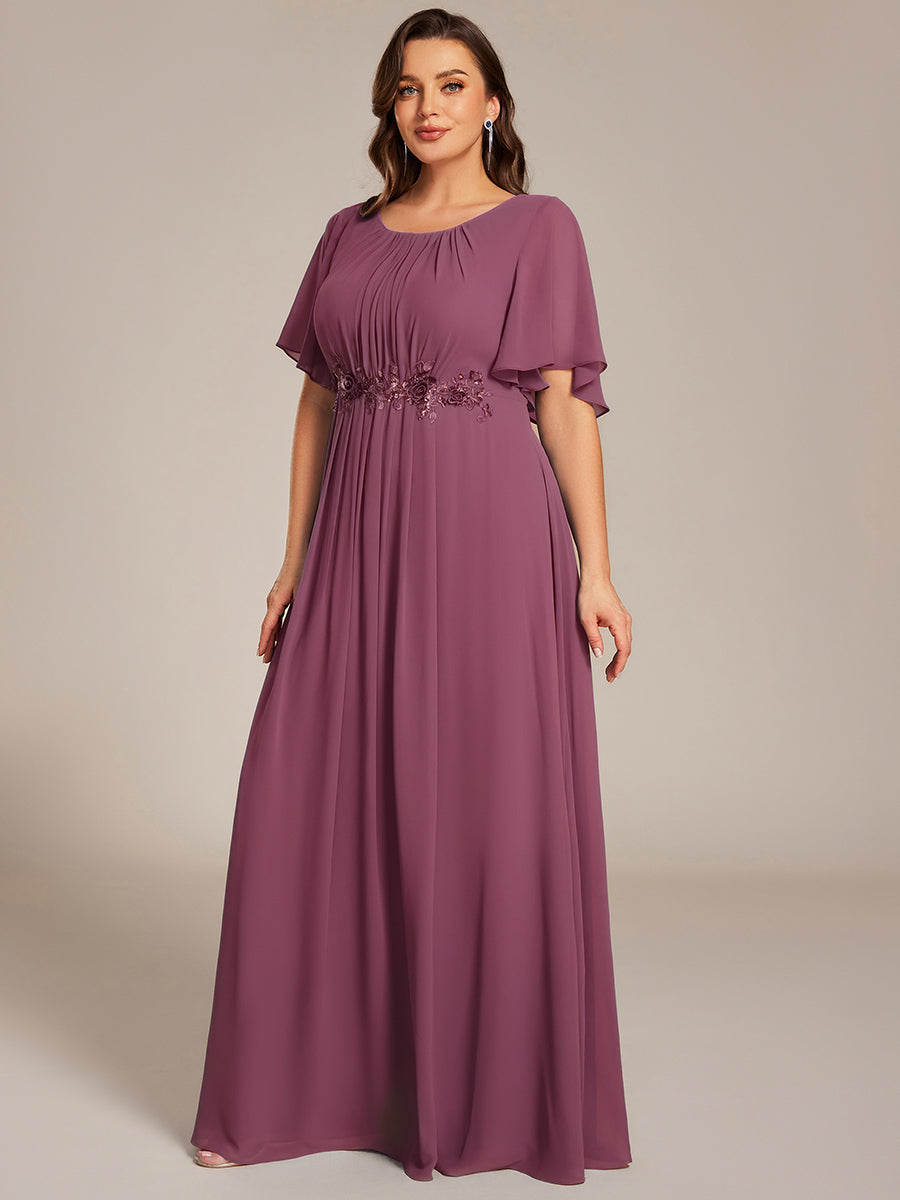 Short Sleeve Pleated Applique A-Line Floor-Length Formal Evening Dress #color_Damson