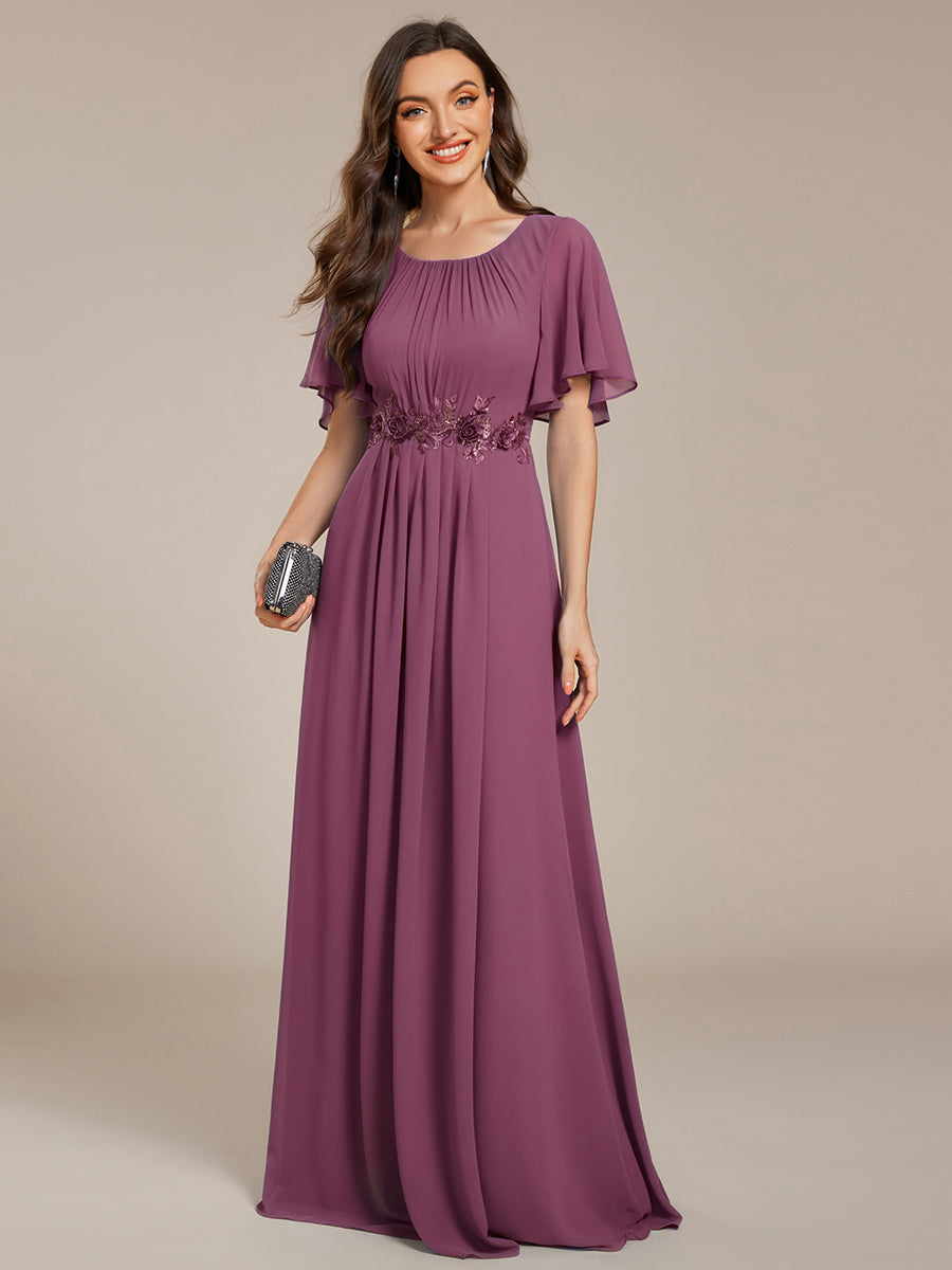 Short Sleeve Pleated Applique A-Line Floor-Length Formal Evening Dress #color_Damson