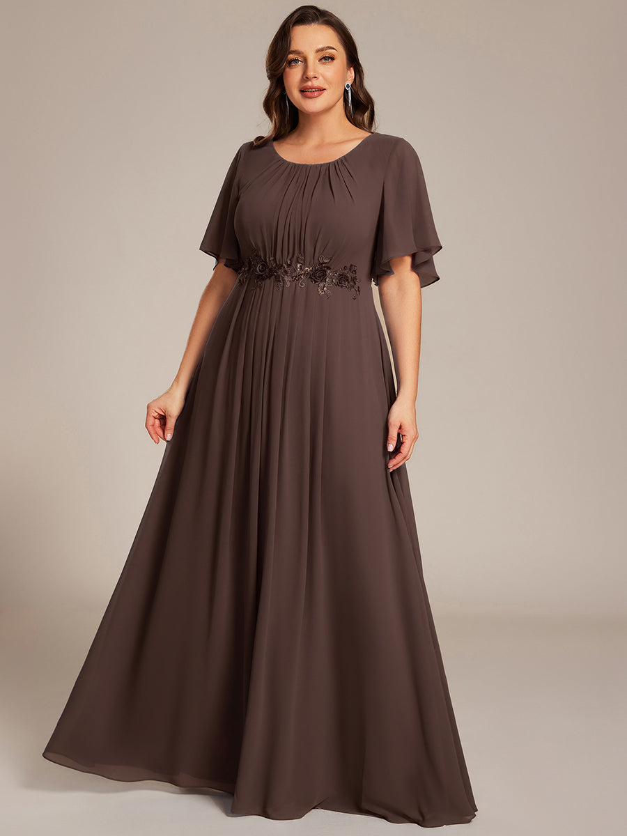 Plus Size Pleated Waist Applique Chiffon Maxi Formal Dress #color_Espresso
