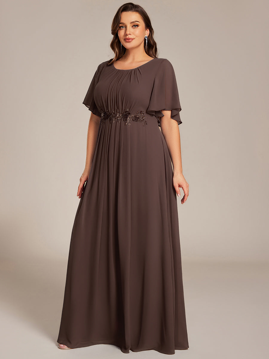 Short Sleeve Pleated Applique A-Line Floor-Length Formal Evening Dress #color_Espresso