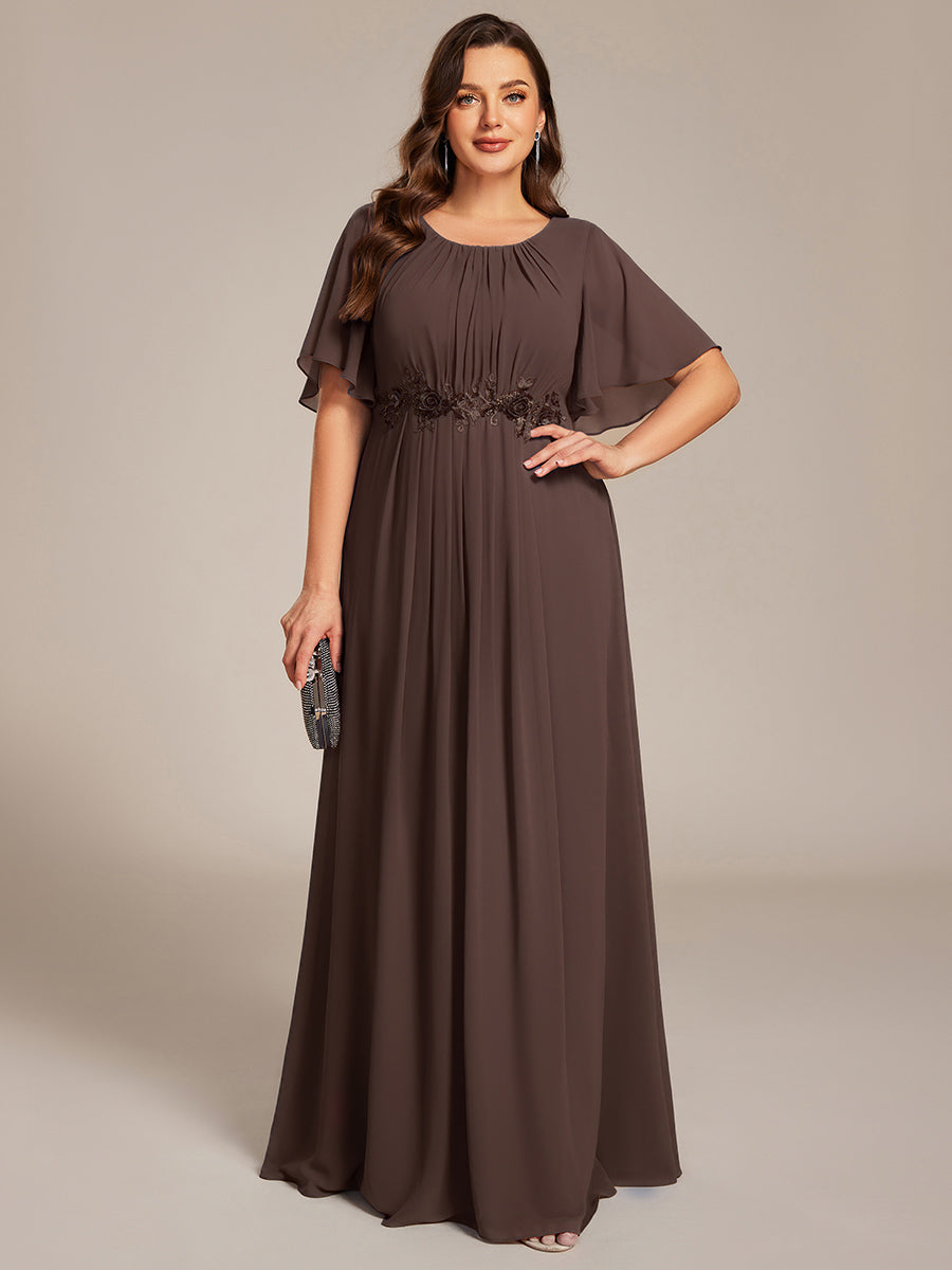 Short Sleeve Pleated Applique A-Line Floor-Length Formal Evening Dress #color_Espresso