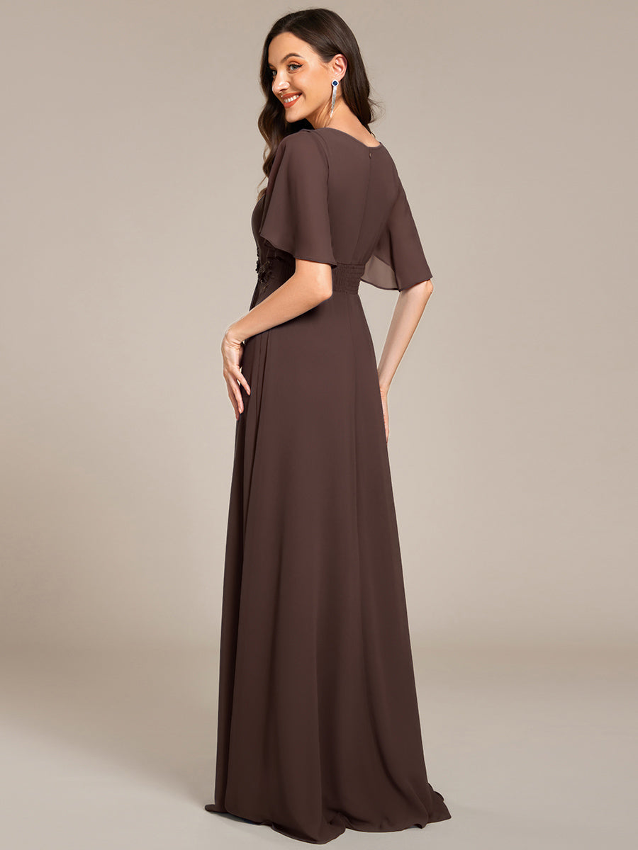 Short Sleeve Pleated Applique A-Line Floor-Length Formal Evening Dress #color_Espresso
