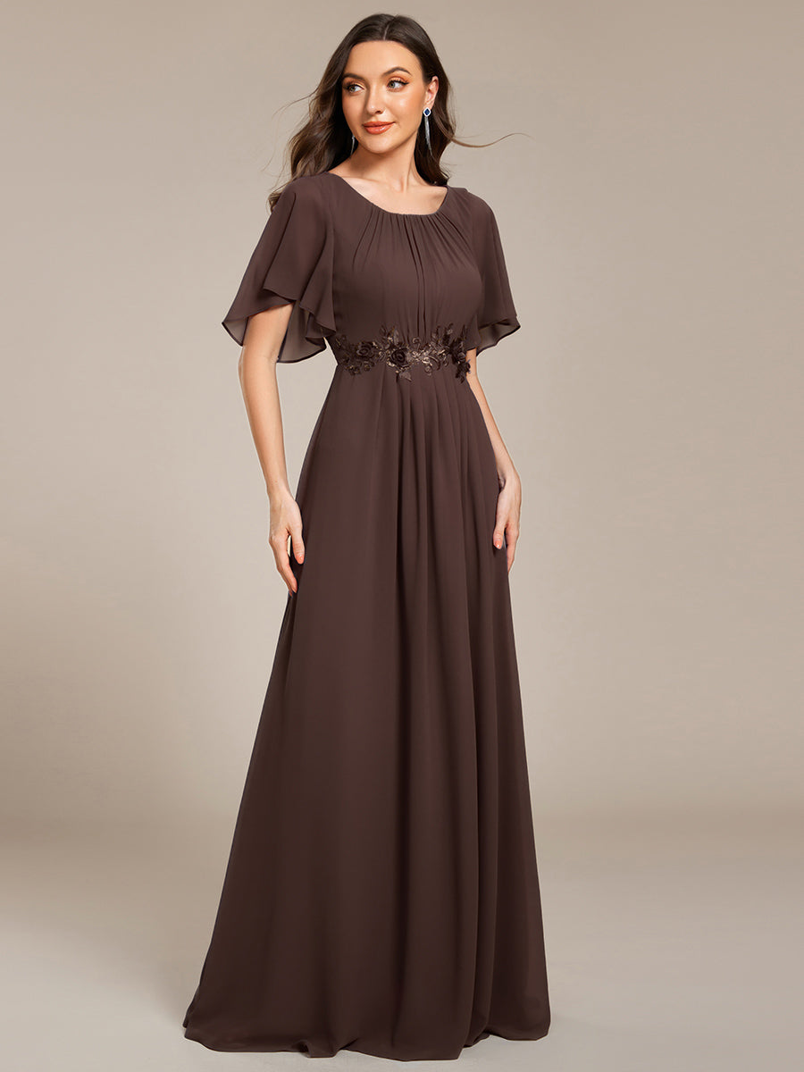 Short Sleeve Pleated Applique A-Line Floor-Length Formal Evening Dress #color_Espresso