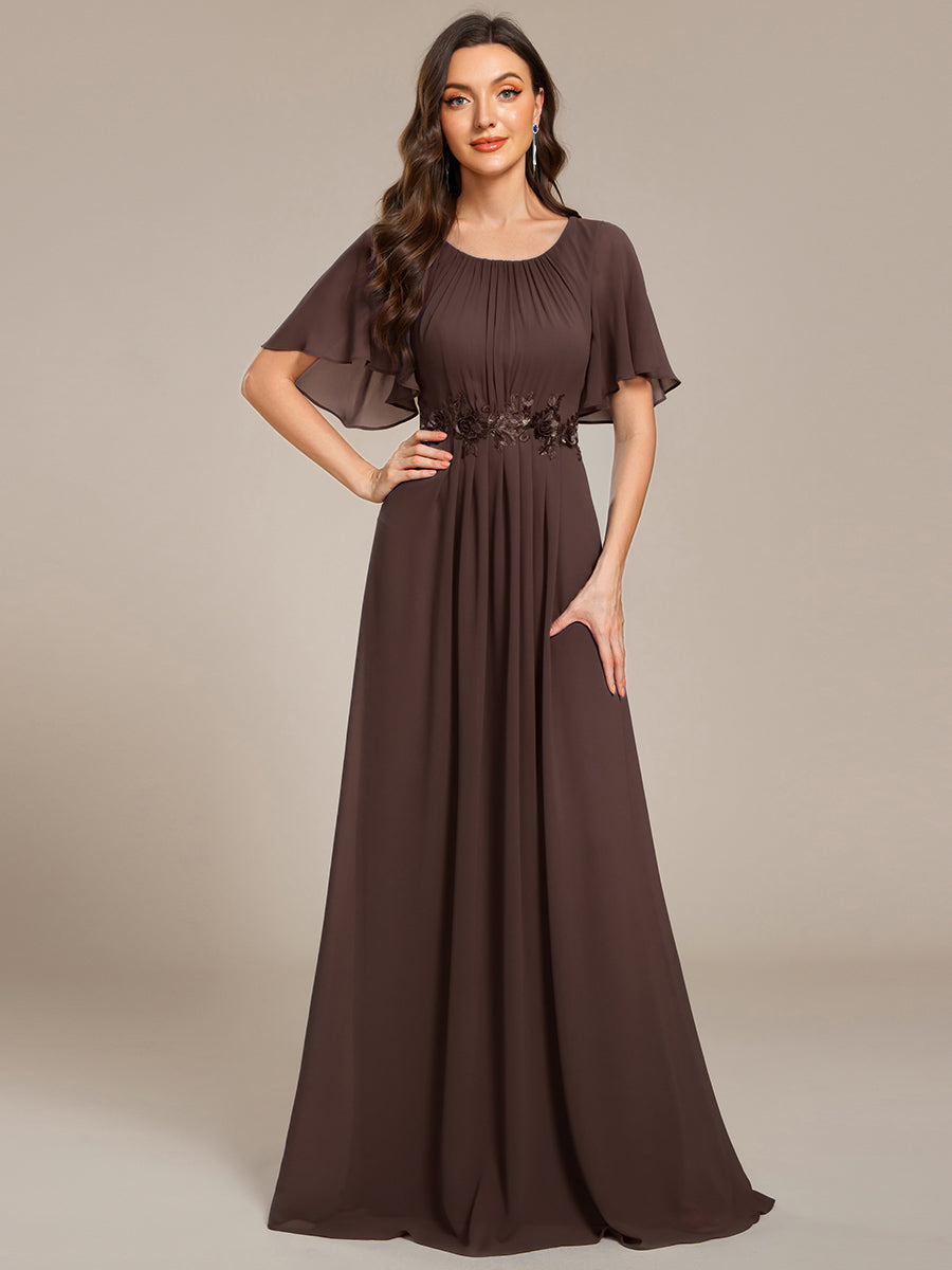 Short Sleeve Pleated Applique A-Line Floor-Length Formal Evening Dress #color_Espresso