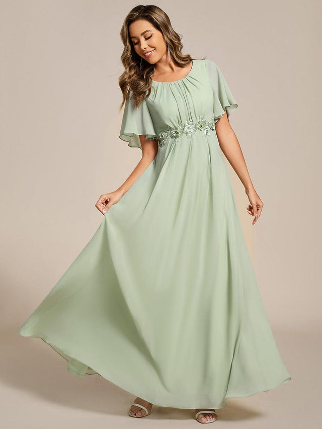 Elegant Short Sleeve Pleated A-Line Floor-Length Formal Evening Dress