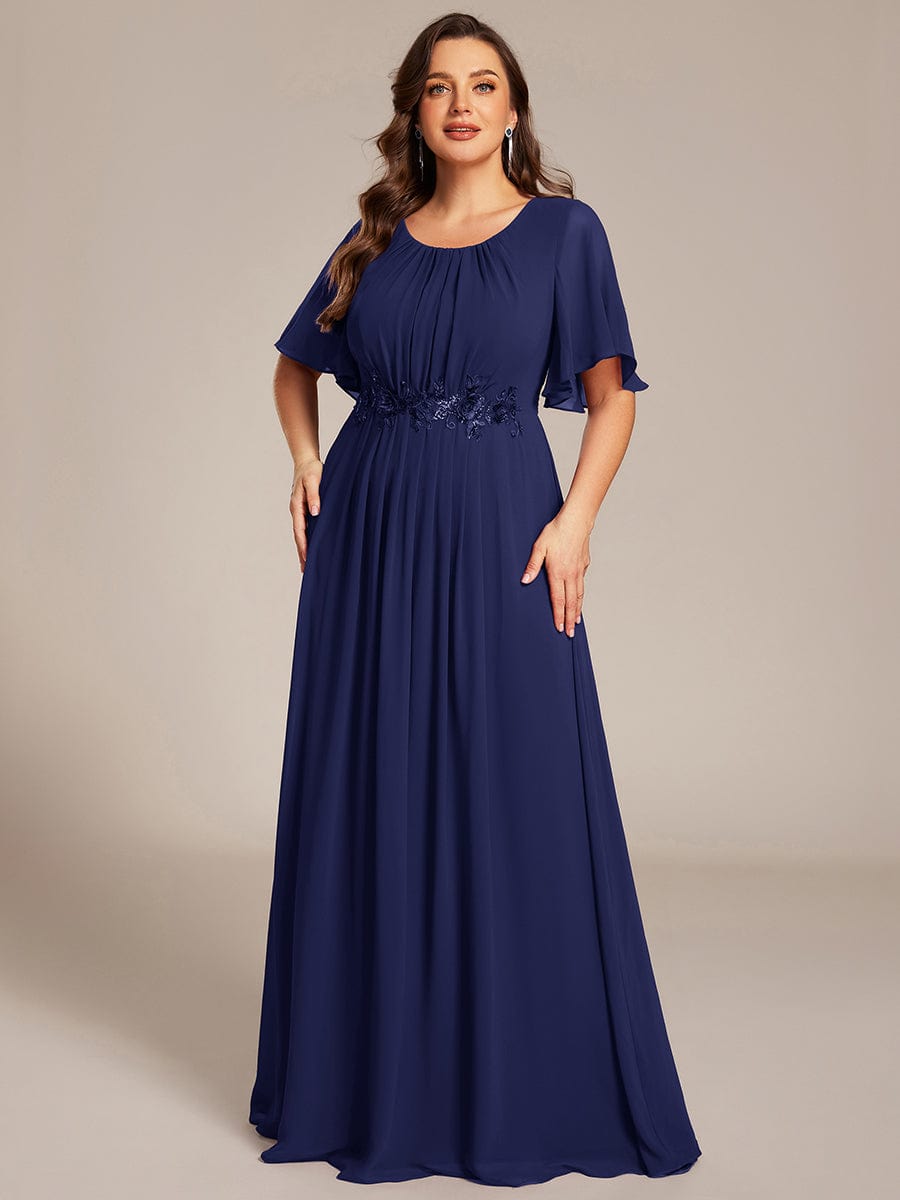 Plus Size Pleated Waist Applique Chiffon Maxi Formal Dress #color_Navy Blue
