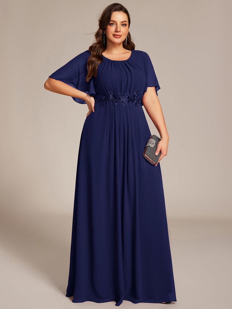 Plus Size Pleated Waist Applique Chiffon Maxi Formal Dress #color_Navy Blue