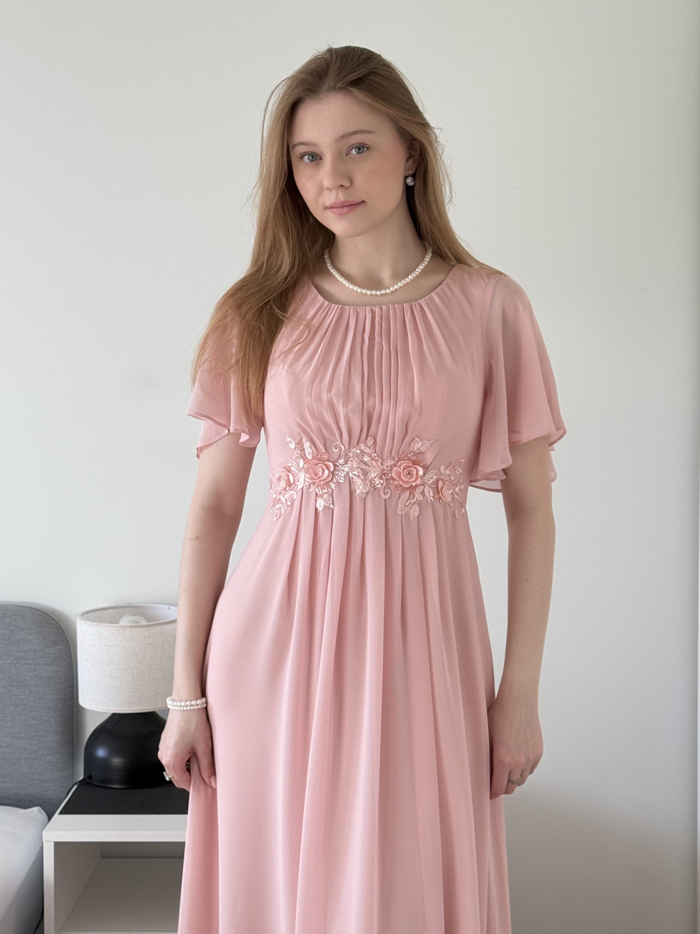 Pleated Applique Maxi Bridesmaid Dress #color_Pink