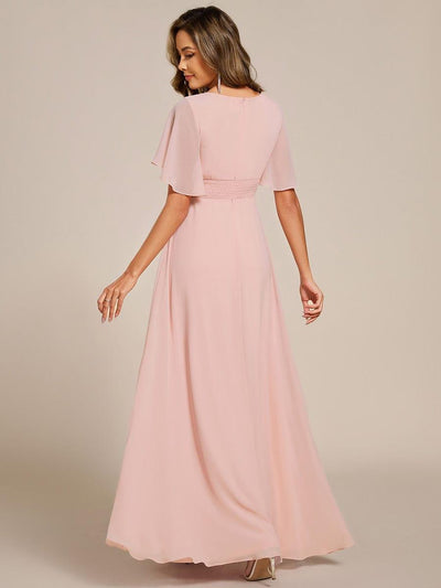 Pleated Applique Maxi Bridesmaid Dress #color_Pink