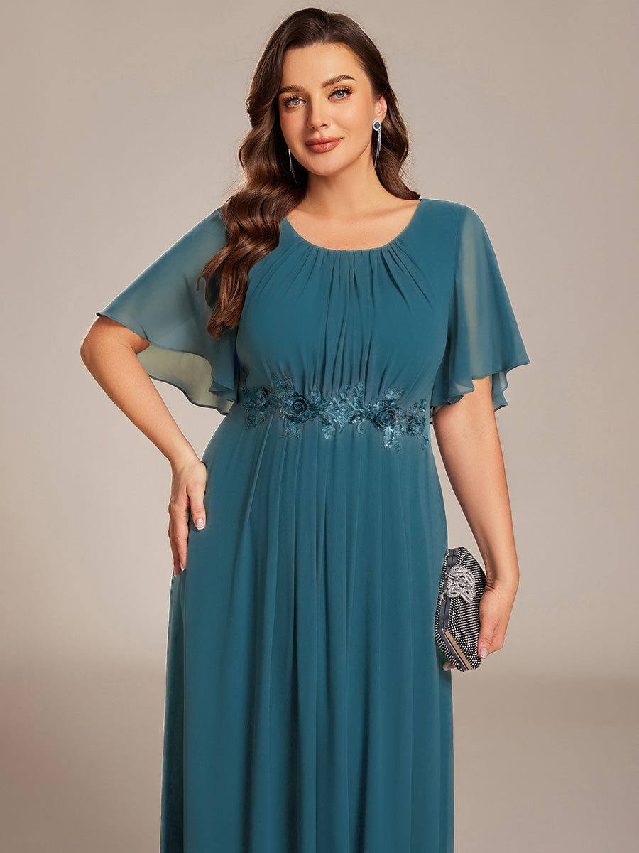 Short Sleeve Pleated Applique A-Line Floor-Length Formal Evening Dress #color_Teal