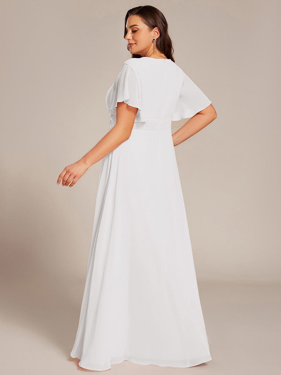 Plus Size Pleated Waist Applique Chiffon Maxi Formal Dress #color_White