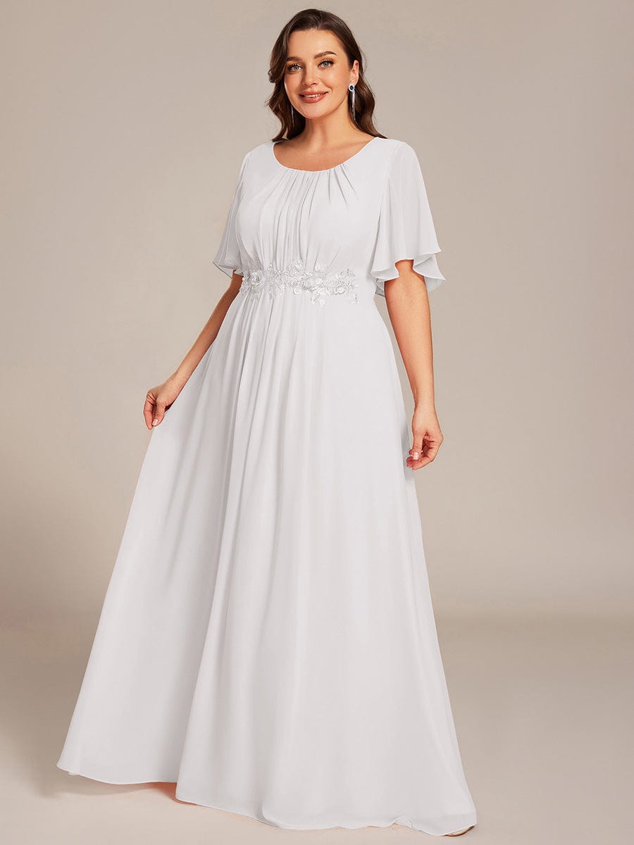 Plus Size Pleated Waist Applique Chiffon Maxi Formal Dress #color_White