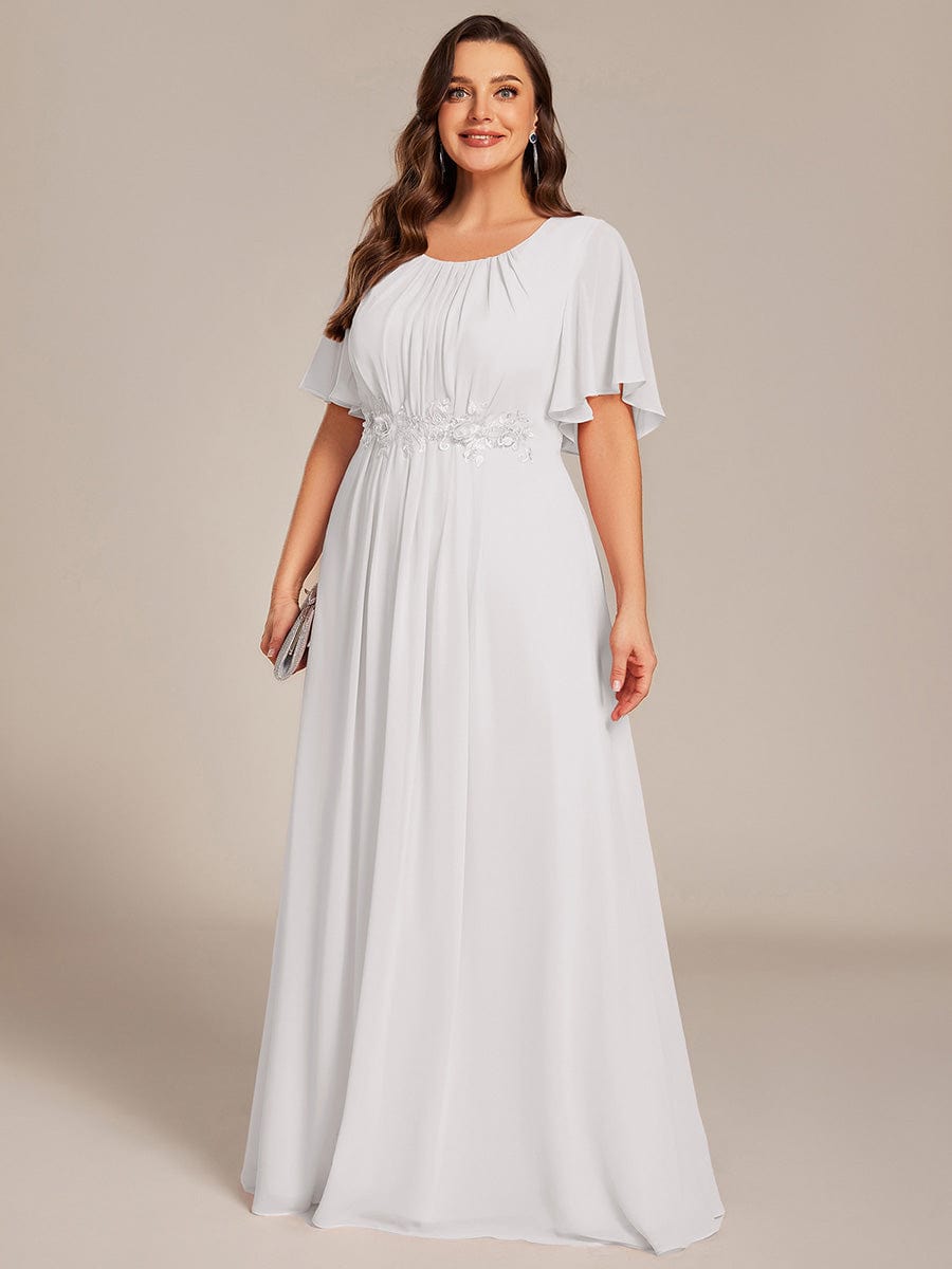 Plus Size Pleated Waist Applique Chiffon Maxi Formal Dress #color_White