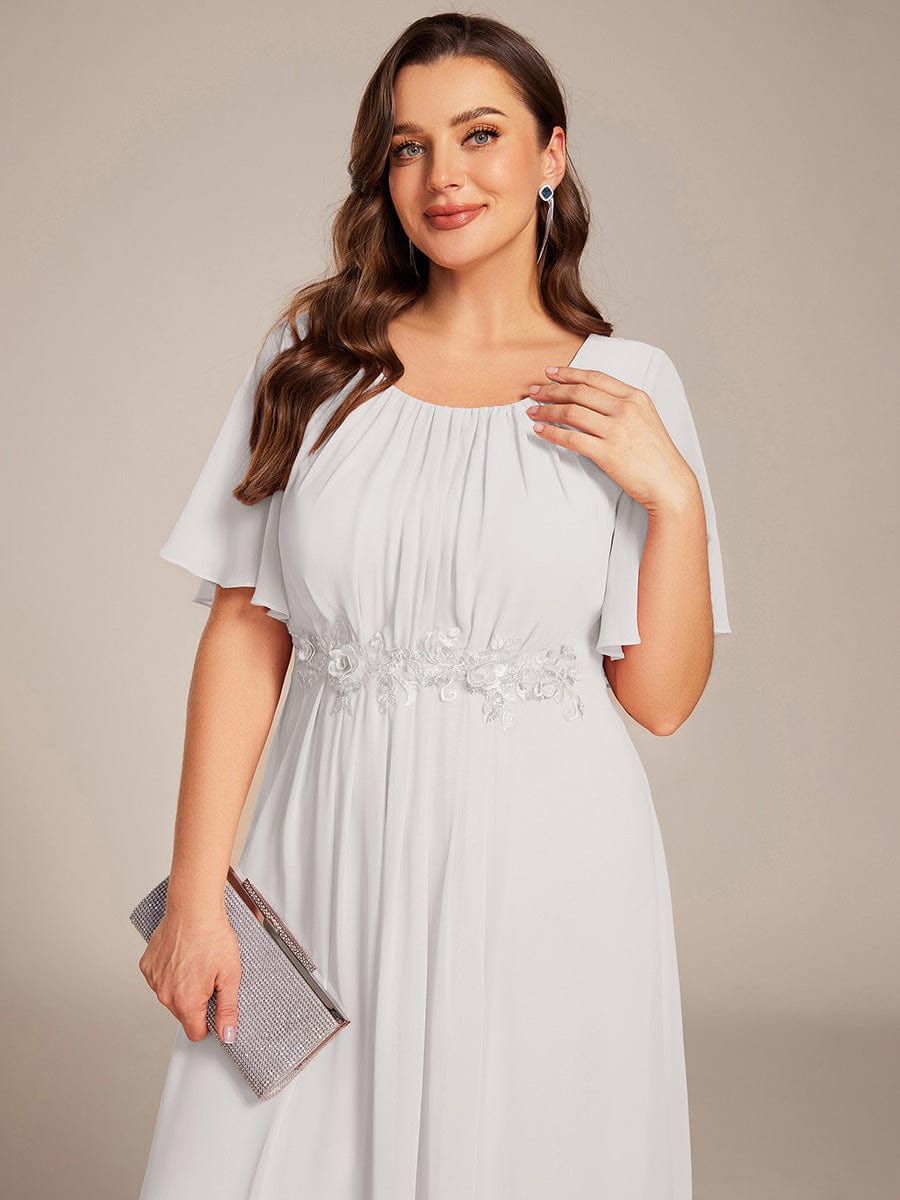 Plus Size Pleated Waist Applique Chiffon Maxi Formal Dress #color_White