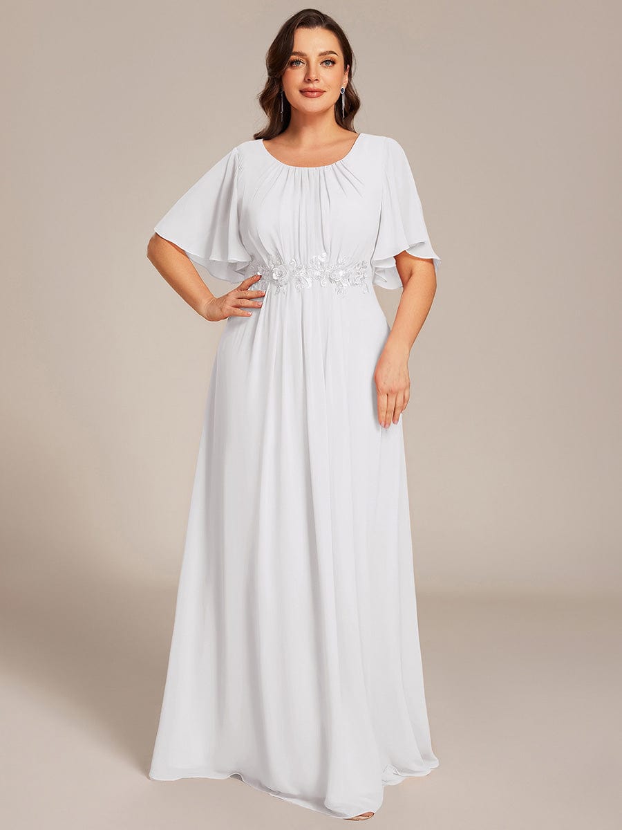 Plus Size Pleated Waist Applique Chiffon Maxi Formal Dress #color_White