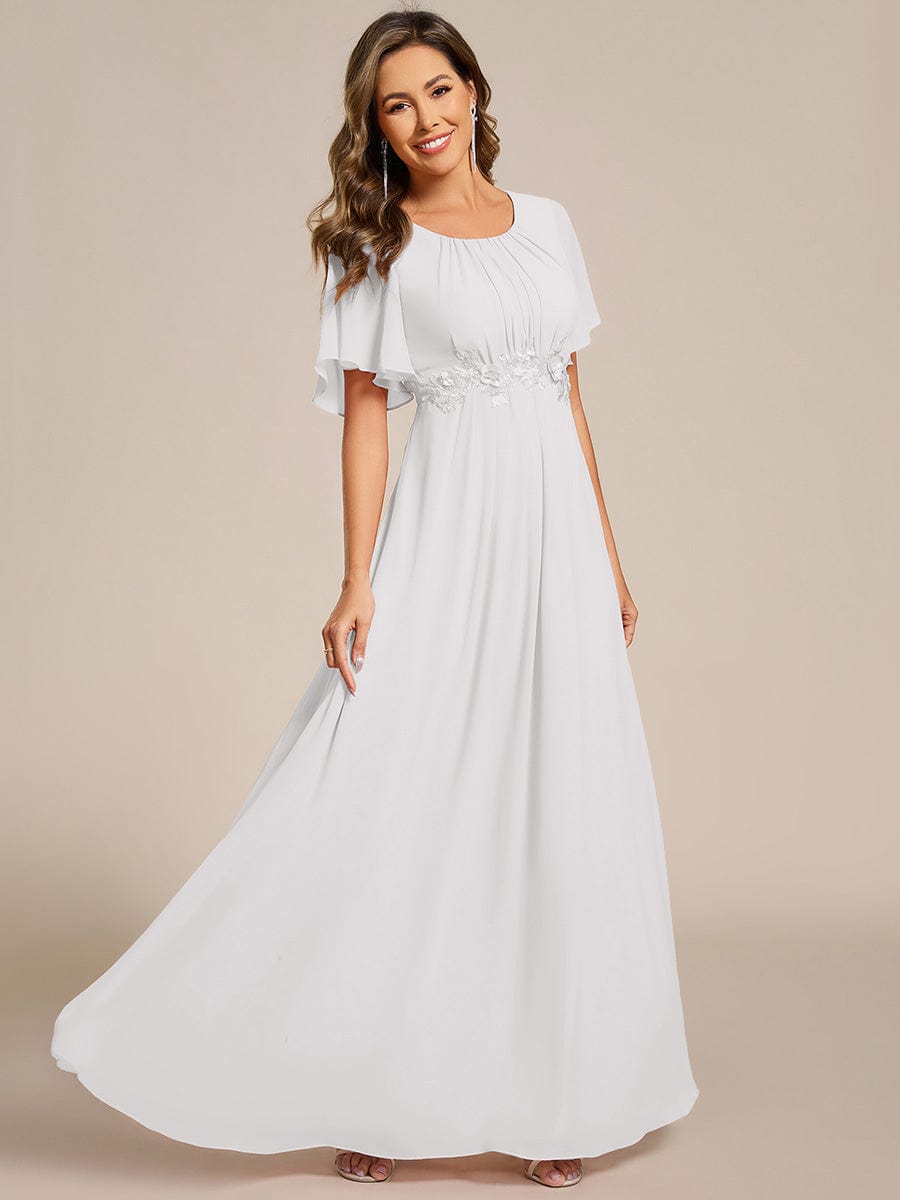 Short Sleeve Pleated Applique A-Line Floor-Length Formal Evening Dress #color_White