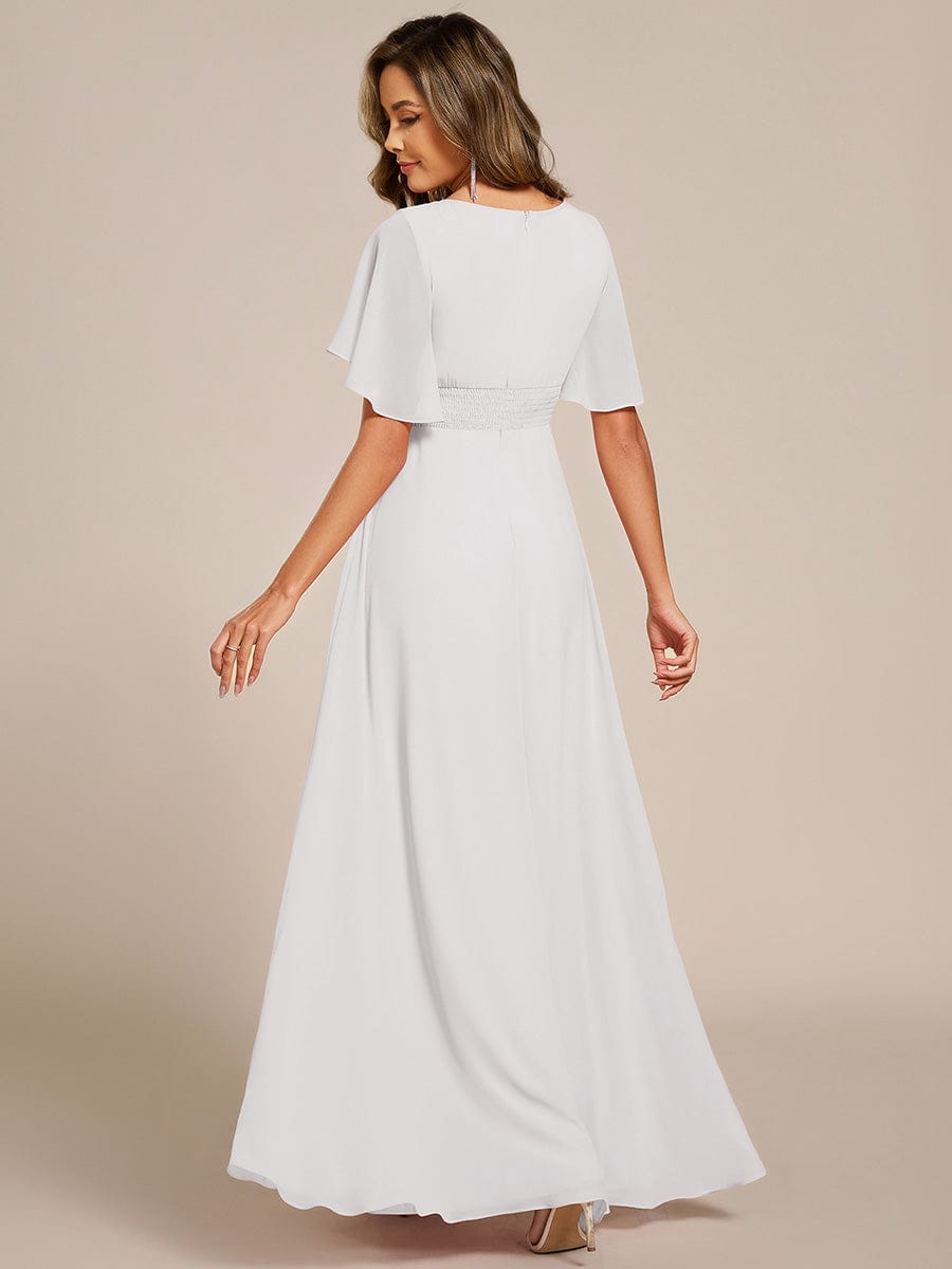 Short Sleeve Pleated Applique A-Line Floor-Length Formal Evening Dress #color_White