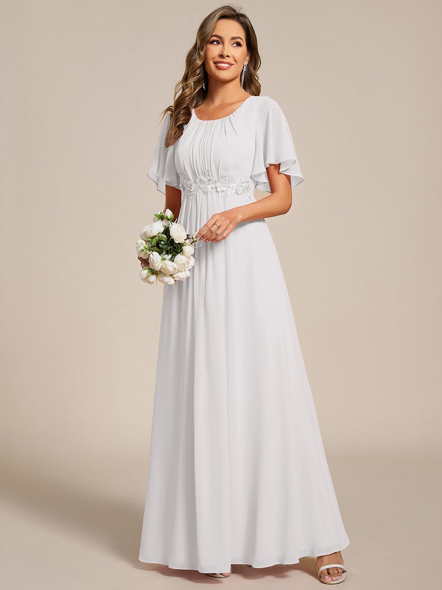 Short Sleeve Pleated Applique A-Line Floor-Length Formal Evening Dress #color_White