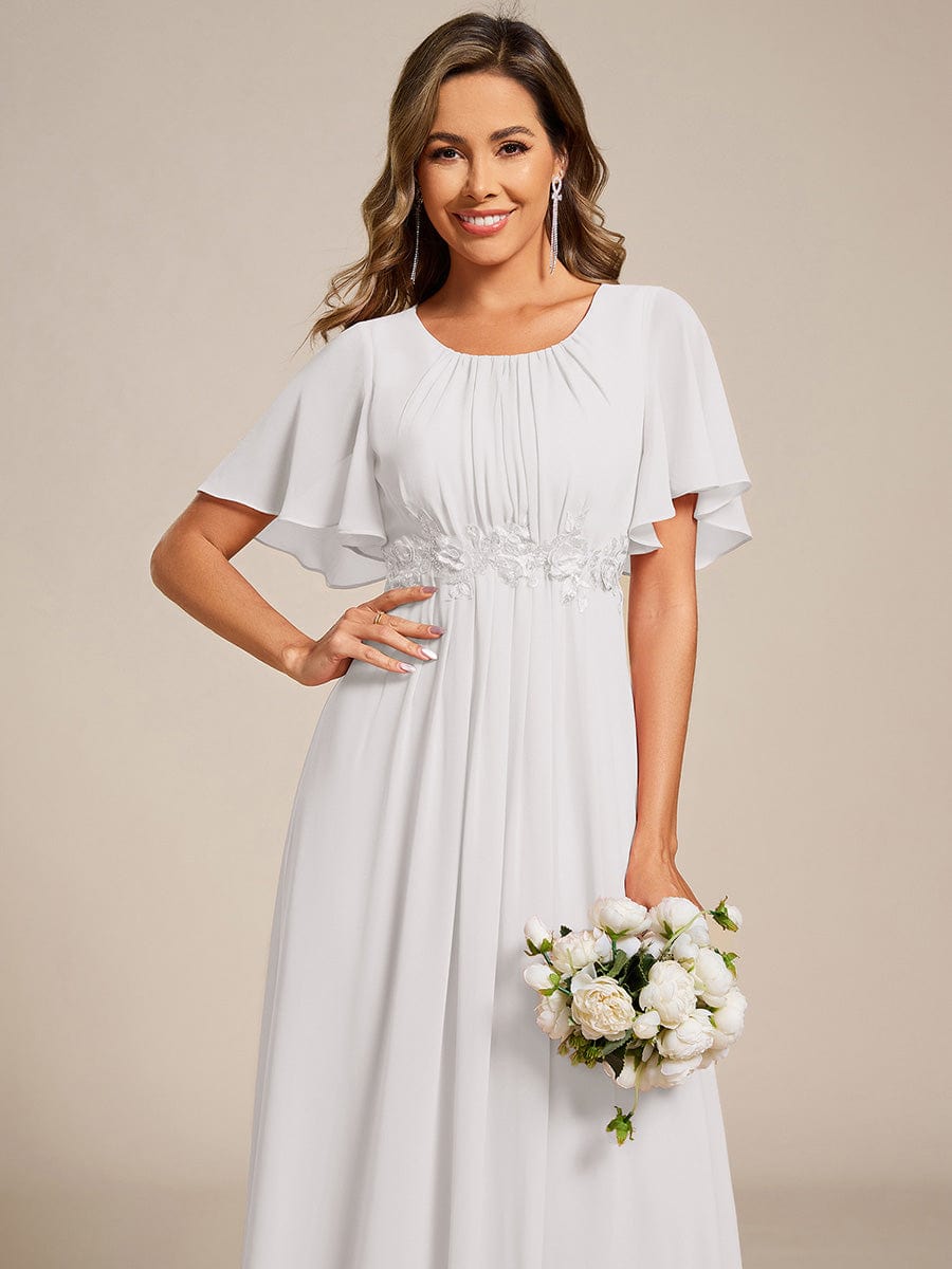 Short Sleeve Pleated Applique A-Line Floor-Length Formal Evening Dress #color_White