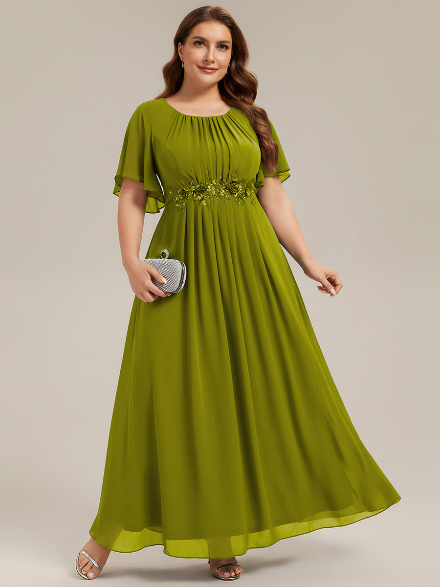 Short Sleeve Pleated Applique A-Line Floor-Length Formal Evening Dress #color_Citron