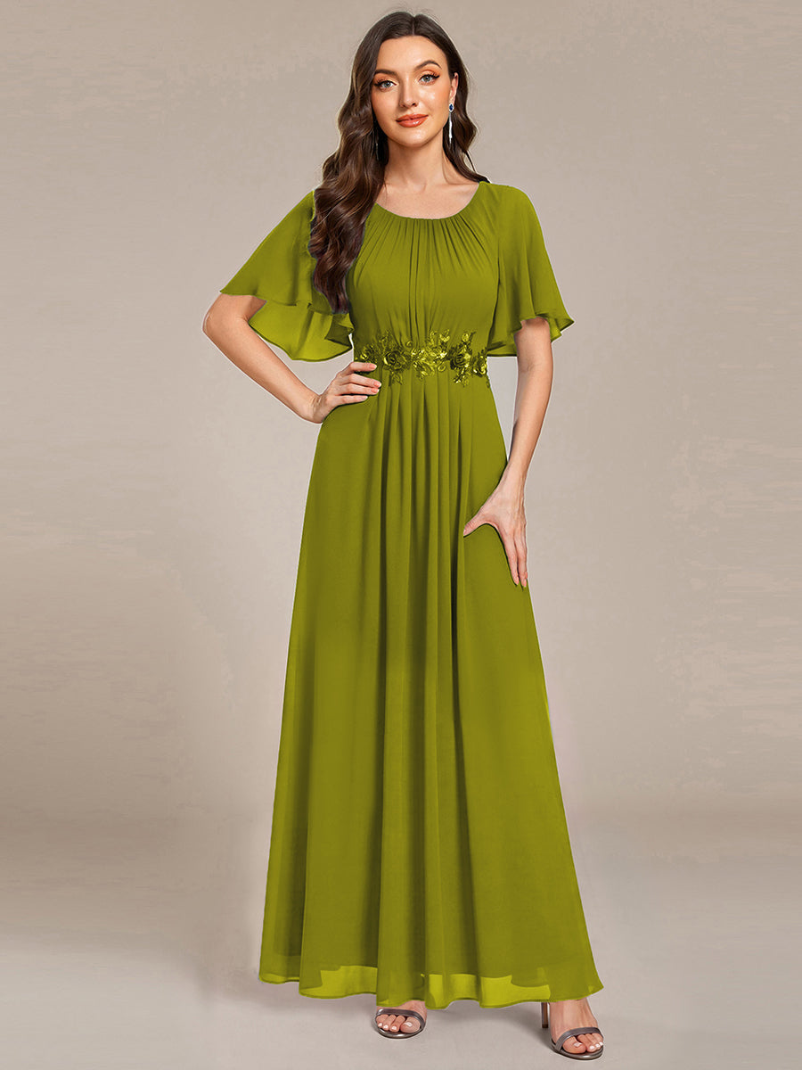 Short Sleeve Pleated Applique A-Line Floor-Length Formal Evening Dress #color_Citron