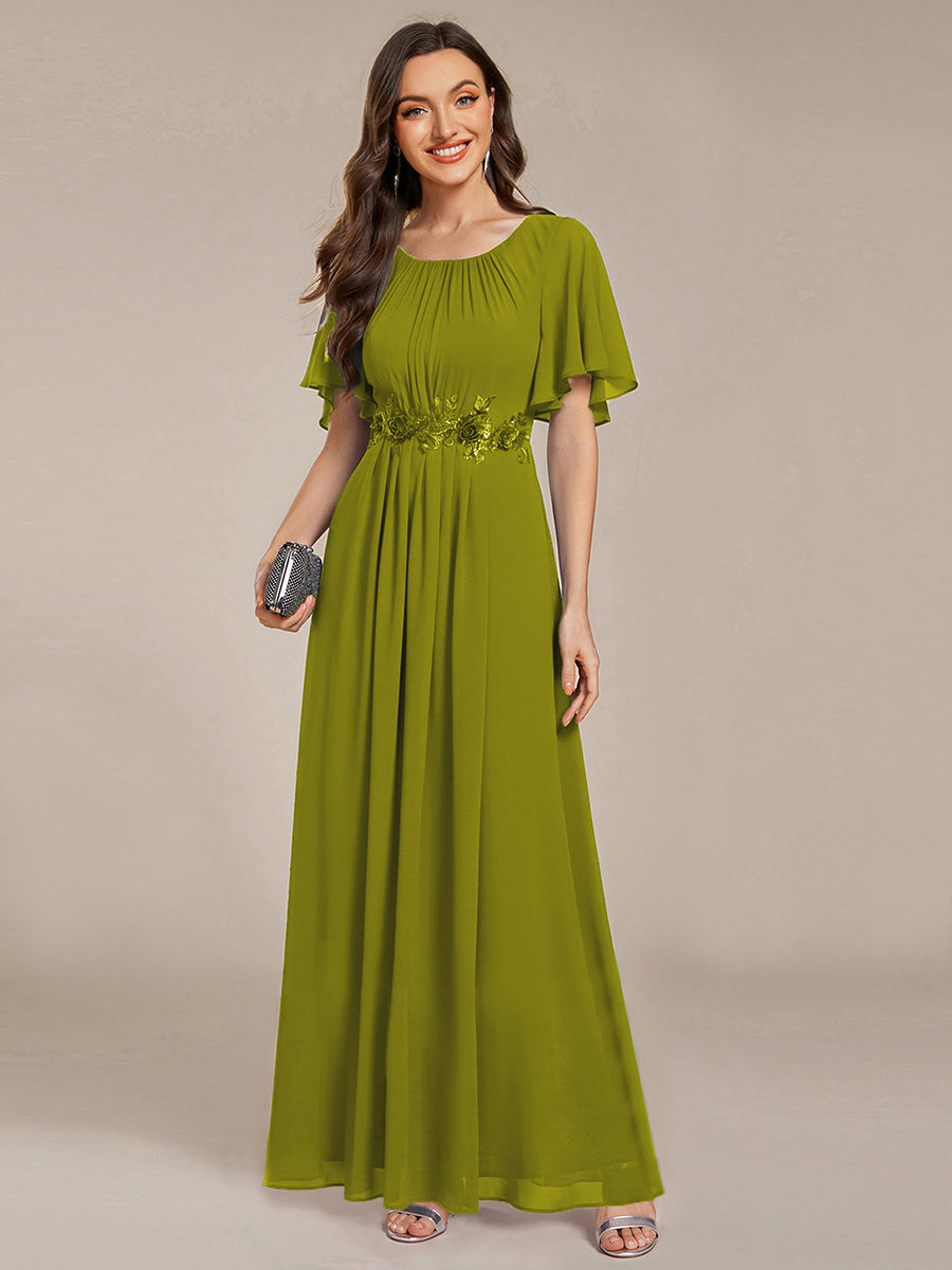 Short Sleeve Pleated Applique A-Line Floor-Length Formal Evening Dress #color_Citron