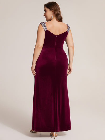 Plus Size Knot Detail Velvet Evening Dress #color_Burgundy