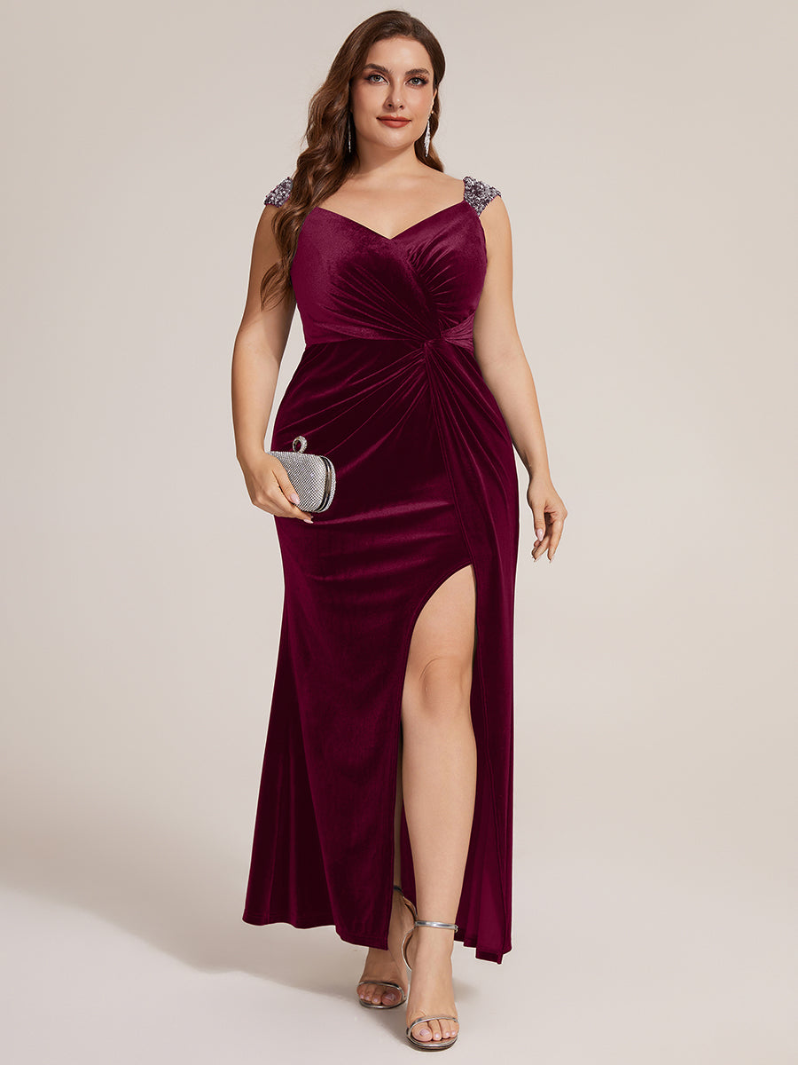 Plus Size Knot Detail Velvet Evening Dress #color_Burgundy