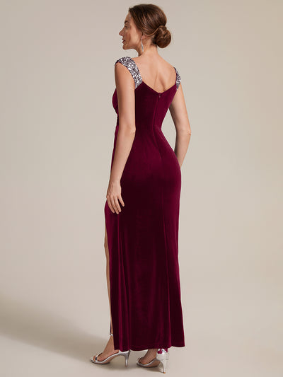Sequin Velvet Sleeveless Evening Dress #color_Burgundy