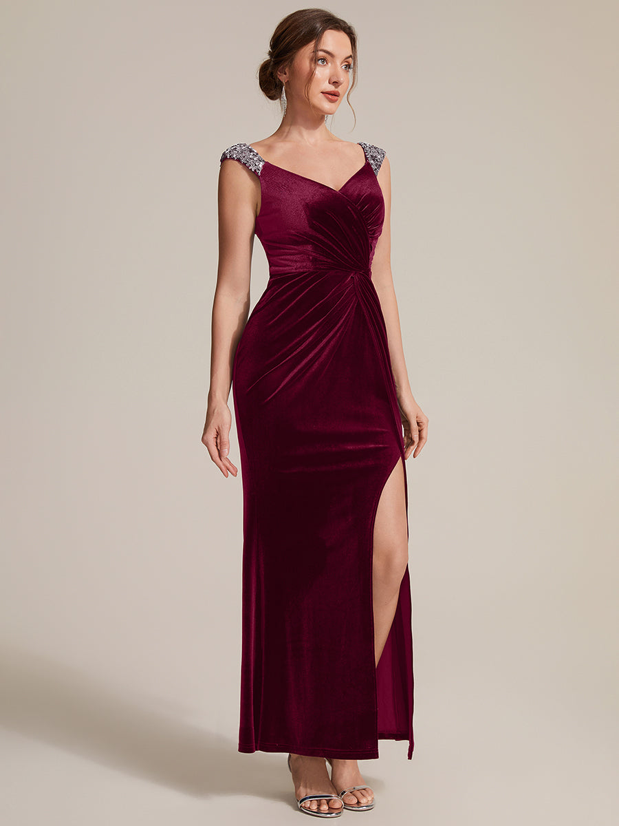 Sequin Velvet Sleeveless Evening Dress #color_Burgundy