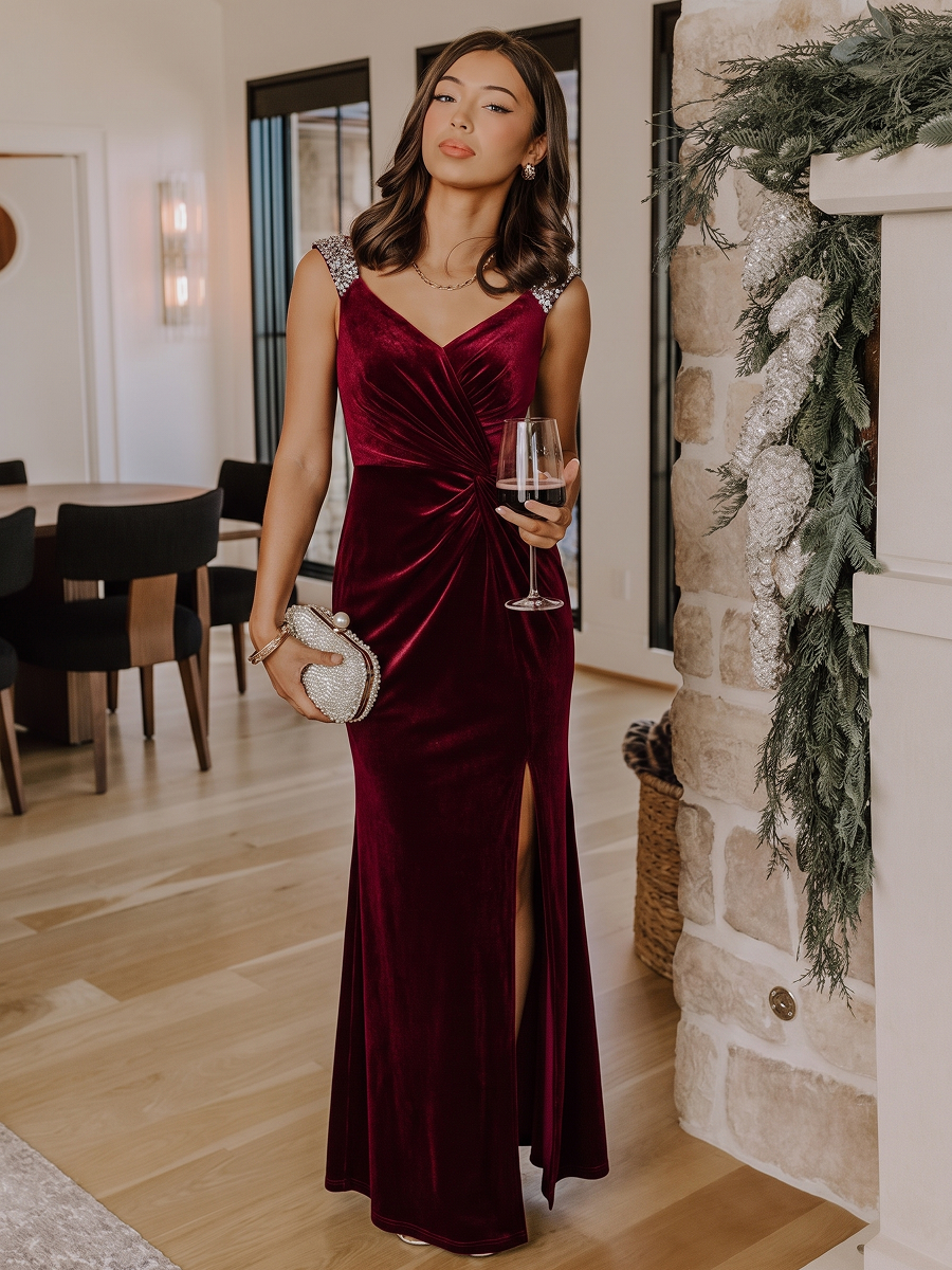 Sequin Velvet Sleeveless Evening Dress #color_Burgundy