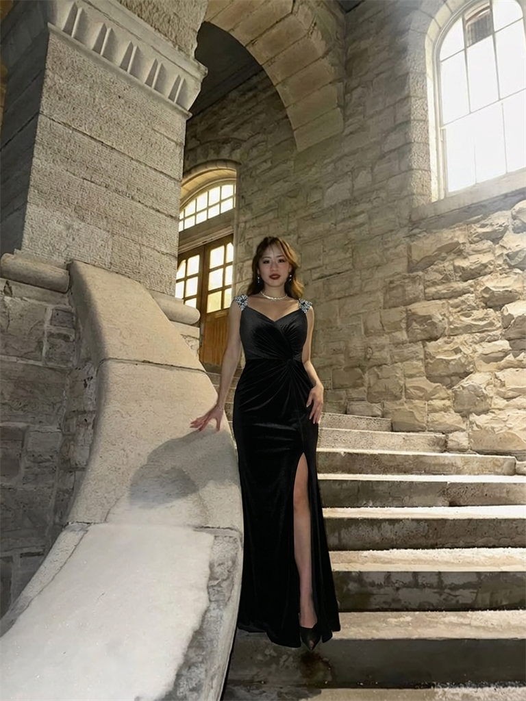 Sequin Velvet Sleeveless Evening Dress #color_Black