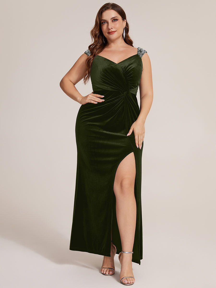 Sequin Velvet Sleeveless Evening Dress #color_Olive Green
