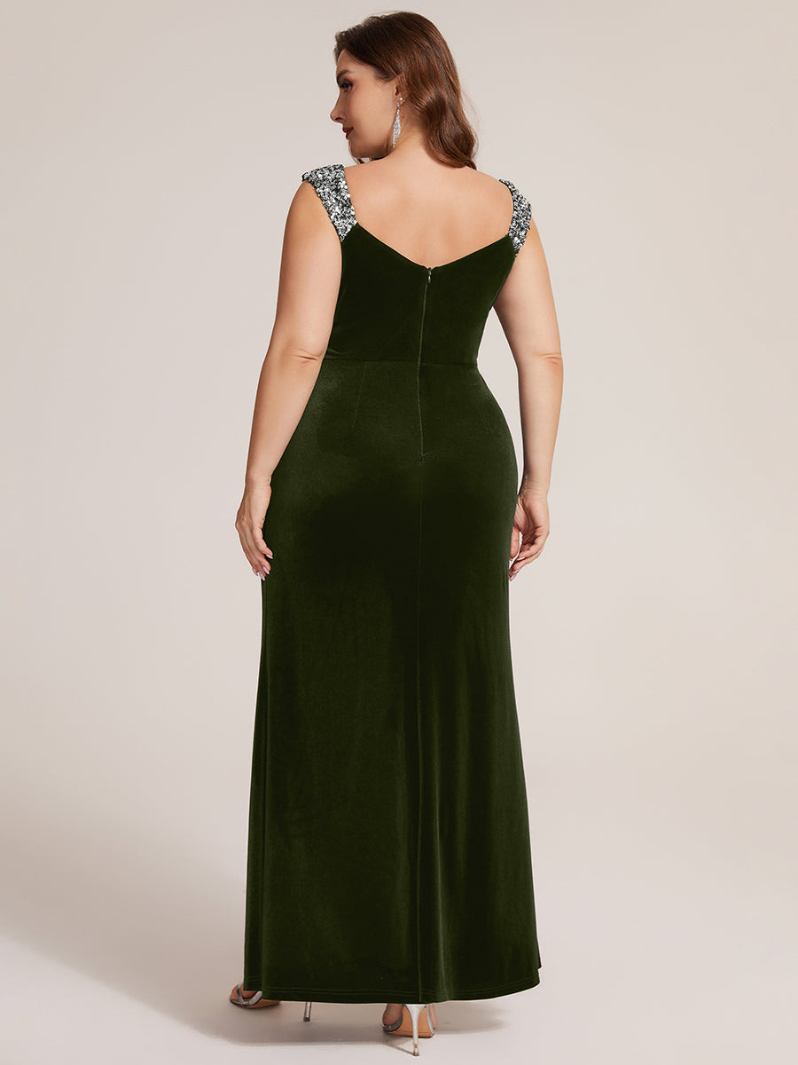 Sequin Velvet Sleeveless Evening Dress #color_Olive Green