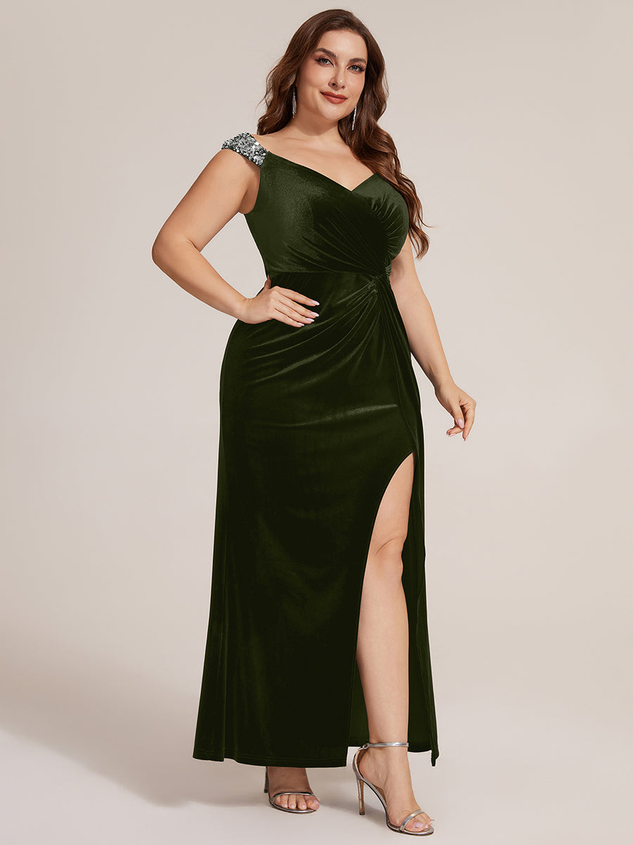Sequin Velvet Sleeveless Evening Dress #color_Olive Green