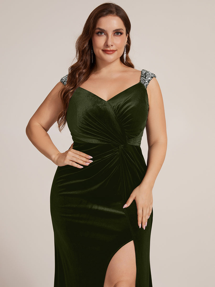 Plus Size Knot Detail Velvet Evening Dress #color_Olive Green