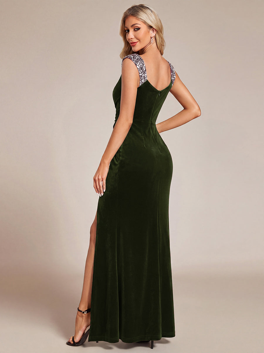 Sequin Velvet Sleeveless Evening Dress #color_Olive Green