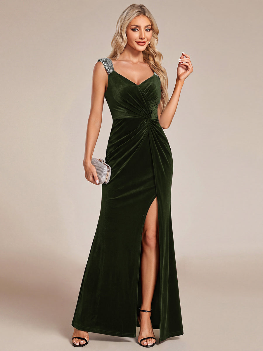 Sequin Velvet Sleeveless Evening Dress #color_Olive Green
