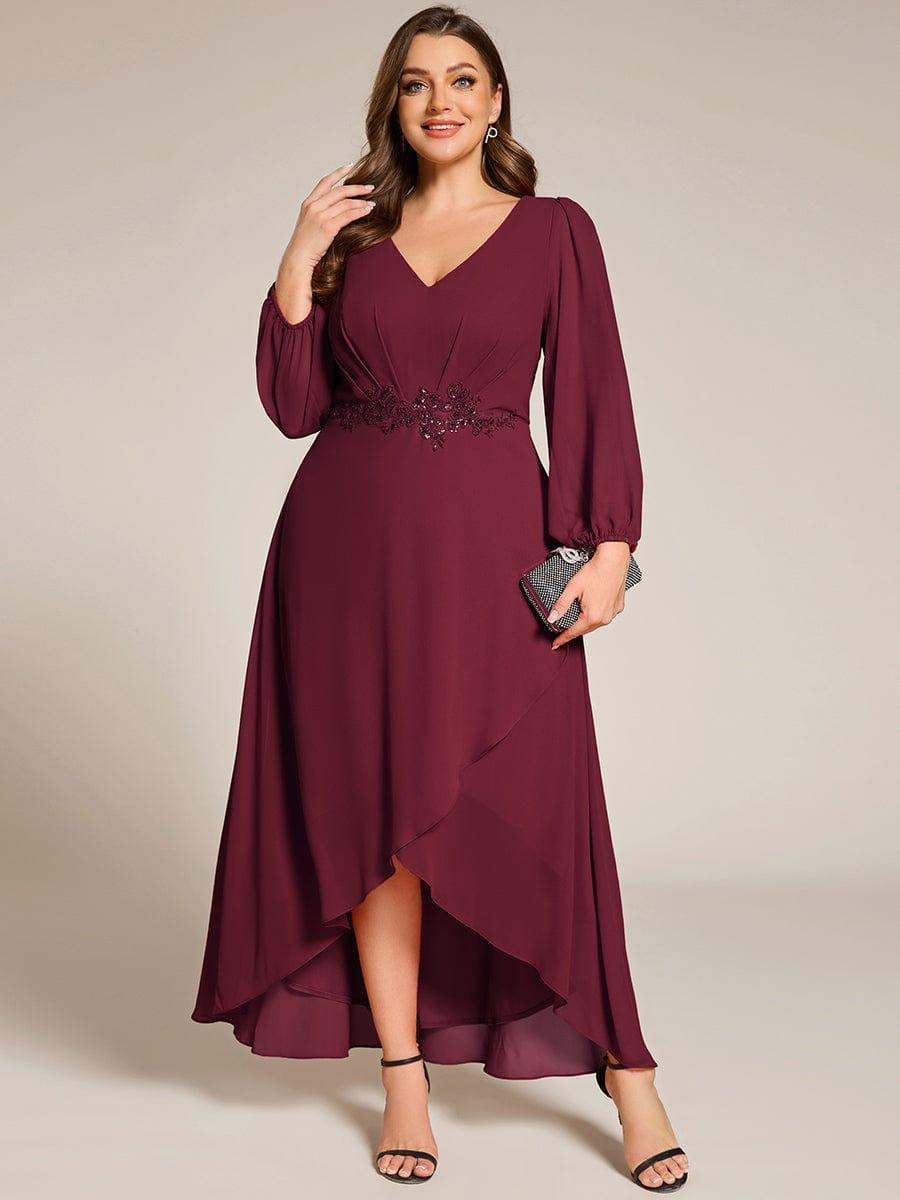 Plus Size V-Neck Long Sleeves Chiffon Formal Evening Dress with Applique #color_Burgundy