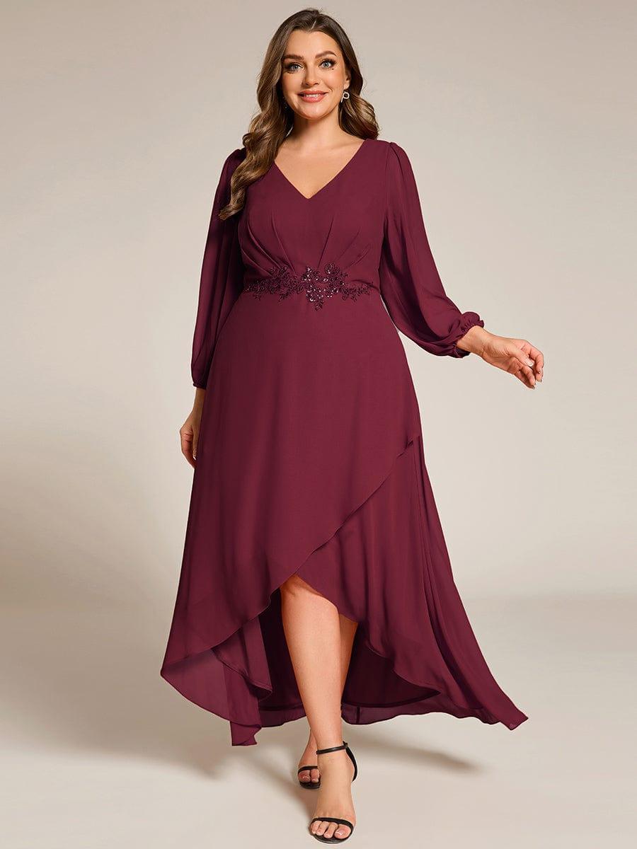 Plus Size V-Neck Long Sleeves Chiffon Formal Evening Dress with Applique #color_Burgundy