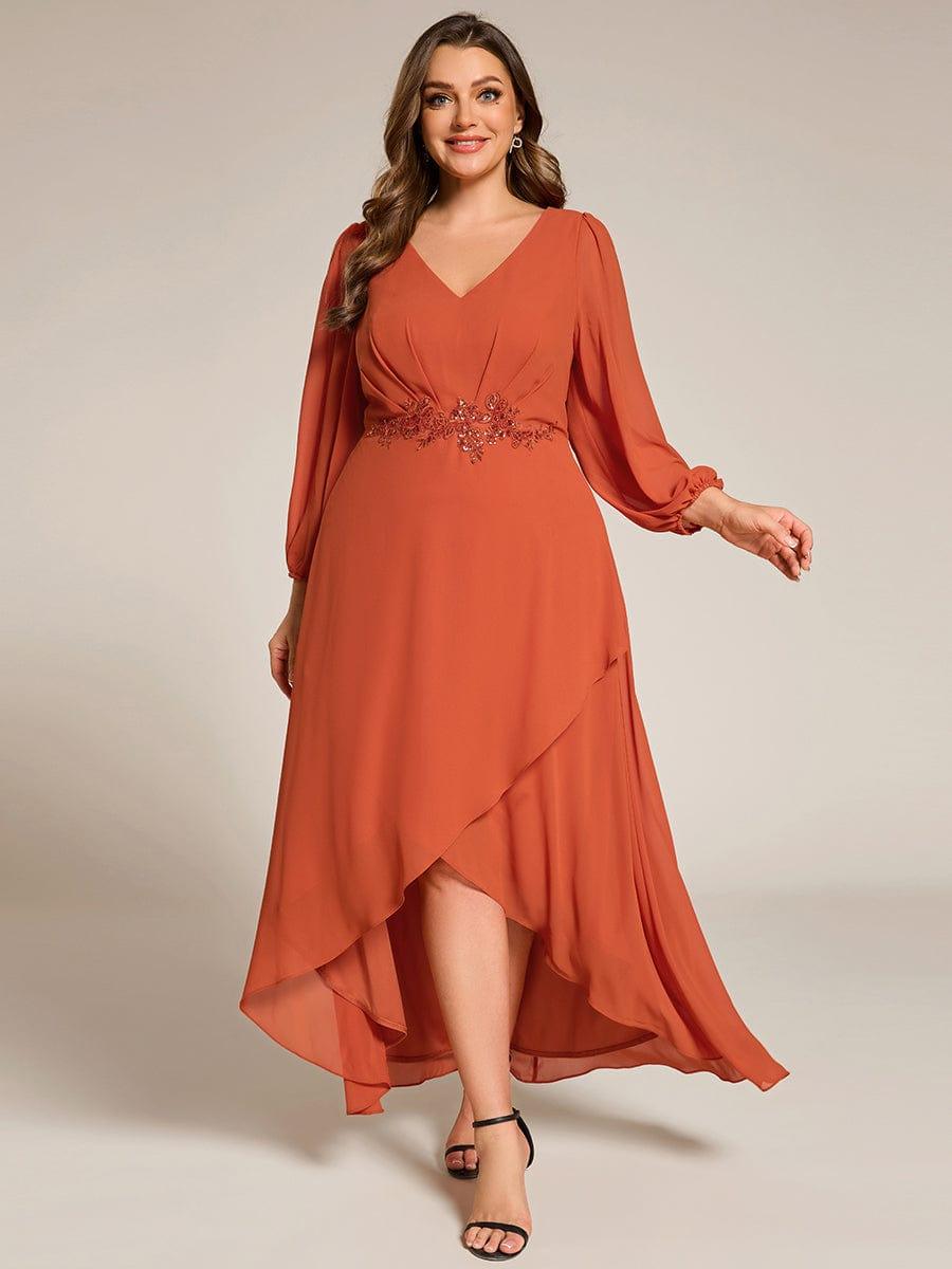 Plus Size V-Neck Long Sleeves Chiffon Formal Evening Dress with Applique #color_Burnt Orange