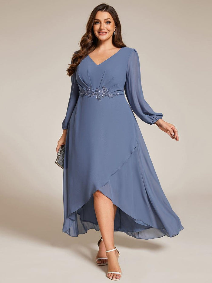 Plus Size V-Neck Long Sleeves Waist Applique Chiffon Formal Evening ...