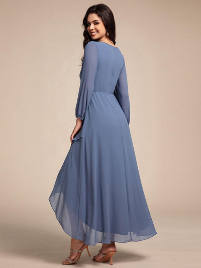 Long Lantern Sleeves Waist Applique Chiffon Formal Evening Dress #color_Dusty Blue