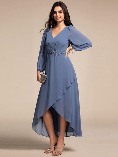 Long Lantern Sleeves Waist Applique Chiffon Formal Evening Dress #color_Dusty Blue